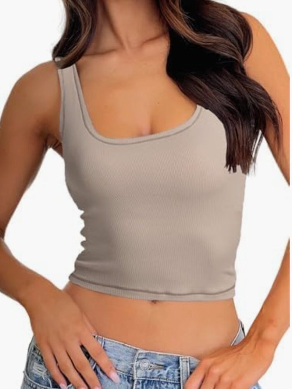 Light Beige / Neutral Tan Ribbed Tank Top Padded Crop Fitted Tank Top